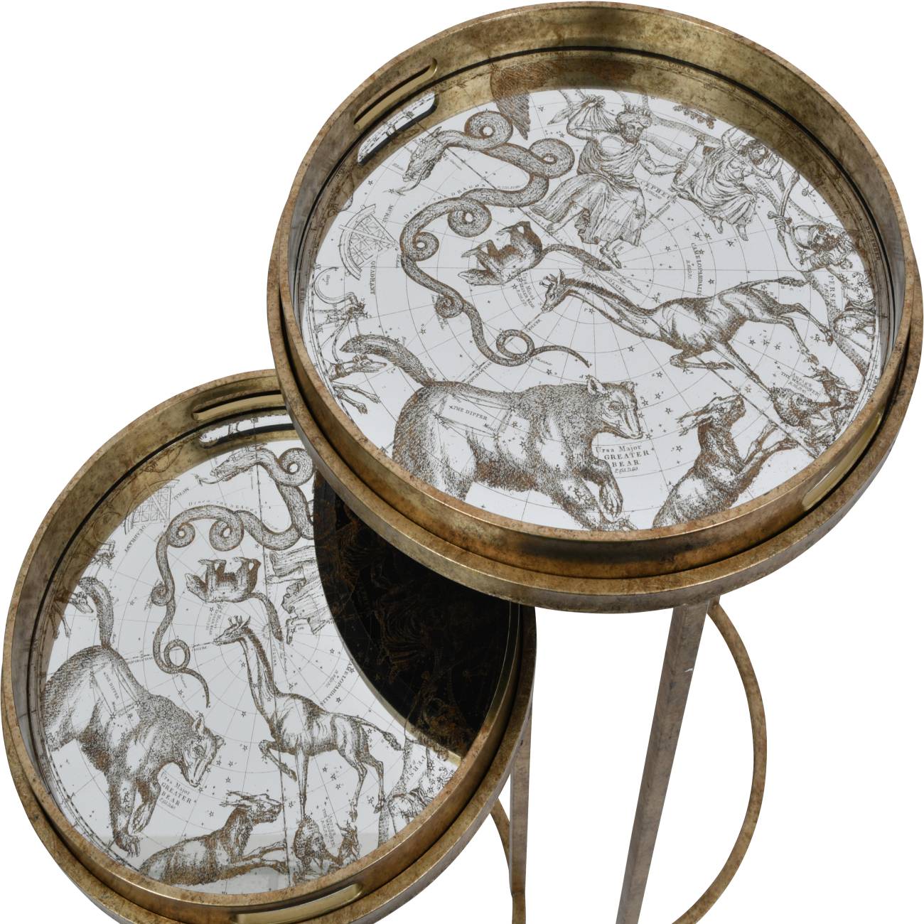 Set of 2 Constellation Map Antique Gold Side Tables